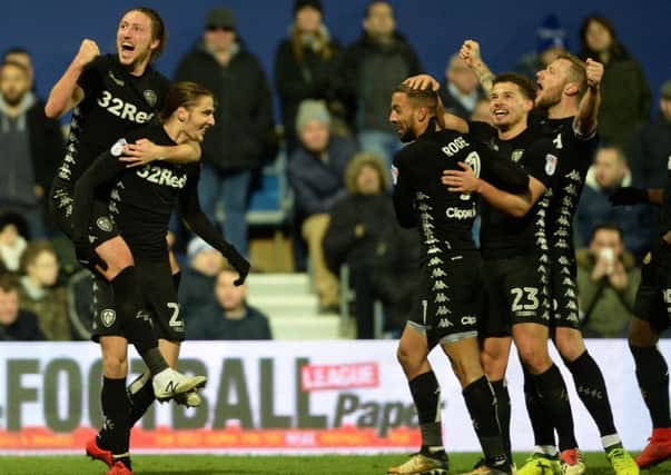 BETTER CHANCE: Leeds United, pictured celebrating Kemar Roofe's second goal in the win at QPR, are better placed than they were after 24 games last year. Picture by Bruce Rollinson.