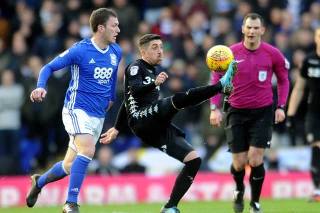DENIED: Leeds United's Pablo Hernandez, pictured getting the better of Birmingham City's Craig Gardner, came closest to scoring for the Whites. Picture by Jonathan Gawthorpe.