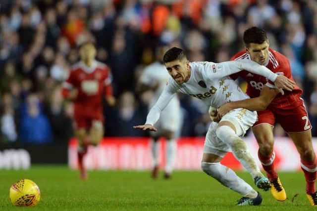 GOING NOWHERE: Nottingham Forest's Eric Lichaj fouls Leeds United's Pablo Hernandez at Elland Road on New Year's Day. Picture: Bruce Rollinson.