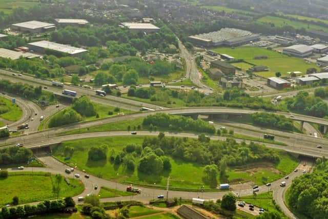 5 June 2015.......   Aerial shot of the M62  junction with the M606 Chain Bar Interchange near Bradford and Leeds. Picture by Tony Johnson