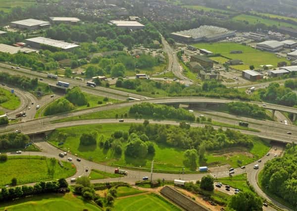 5 June 2015.......   Aerial shot of the M62  junction with the M606 Chain Bar Interchange near Bradford and Leeds. Picture by Tony Johnson