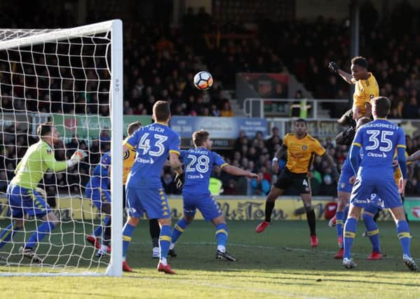 Newport County's Shawn McCoulsky scores his side's winning goal against Leeds United.