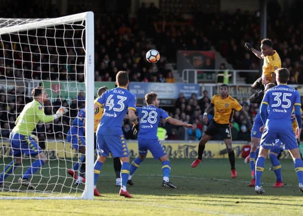 Newport County's Shawn McCoulsky scores his side's second goal. PIC: David Davies/PA Wire