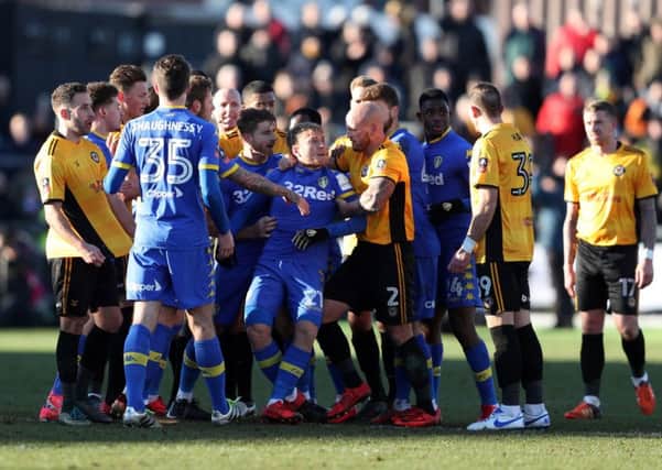 Tempers flare between the two sides resulting in Leeds United's Samuel Saiz being sent off at Rodney Parade. Picture: David Davies/PA