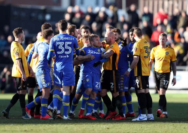 SEEING RED: Samuel Saiz (No 21) shortly before being sent off at Rodney Parade. Picture: David Davies/PA