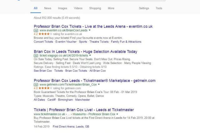 Secondary ticketing outlets appear higher in Google search results for Brian Cox's show in Leeds than official vendor Ticketmaster