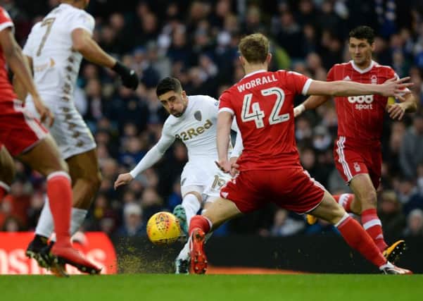 Pablo Hernandez threads a shot through a sea of players for Leeds against Nottingham Forest. PIC: Bruce Rollinson
