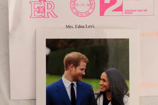Edna Levi pictured with the card from Prince Harry and Meghan Markle, marking their engagement, Moortown, Leeds.. 9th January 2018 ..Picture by Simon Hulme