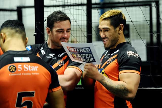 Grant Millington and Jesse Sene-Lefao wait for the team photo at Castleford Tigers' media day.