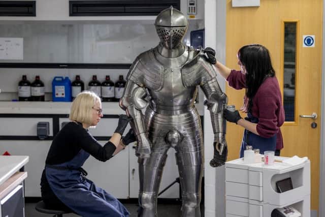 Wednesday 10th January 2018, Leeds UK  Picture Credit Charlotte Graham   Picture Shows Henry VIII Foot Combat Armour: Royal Armouries Conservators Ellie and Lauren work on the Foot Combat Armour of a young King Henry VIII, dating from 1520. The armour is temporarily off display at the Royal Armouries in Leeds for conservation, it is usually displayed in the Tournament Gallery alongside a number of other notable objects from the Tudor court - including the Tonlet armour of King Henry VIII and the Field and Tilt Armour of Robert Dudley, Earl of Leicester.