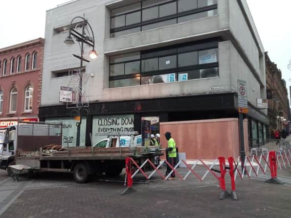 Work has begun on the unit on the corner of Briggate and The Headrow.