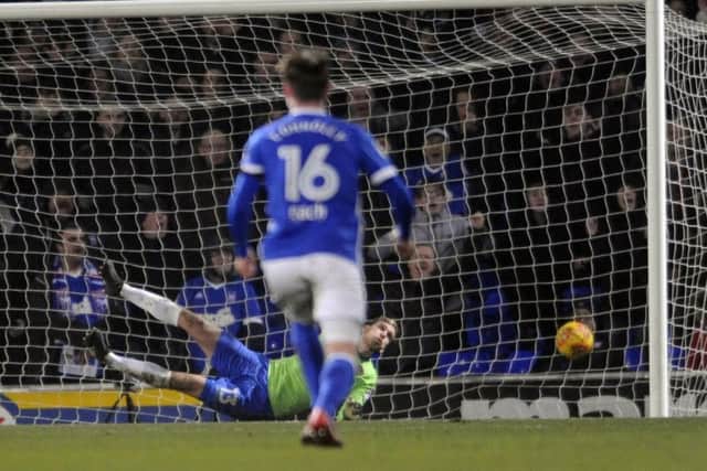 Felix Wielwald can do nothing to keep out Bersant Celina's winner for Ipswich. PIC: Simon Hulme