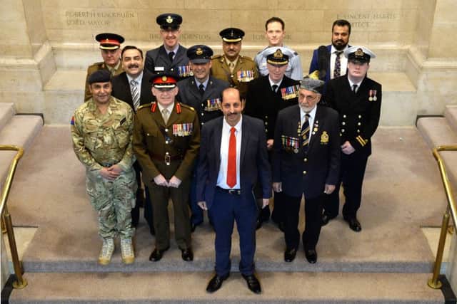 Councillor Mohammed Iqbal with veterans and serving members of the services at Leeds Civic Hall prior to an event celebrating the memory of Sepoy Khudadad Khan, the first recipient of the Victoria Cross, as well as the contributions of the Muslim community made to Britain's WW1 success. Picture: Bruce Rollinson