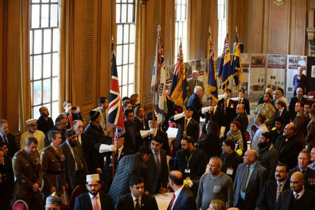 Standard bearers at Leeds Civic Hall prior to an event celebrating the contributuion of the Muslim community  to Britain's WW1 success.  Picture: Bruce Rollinson