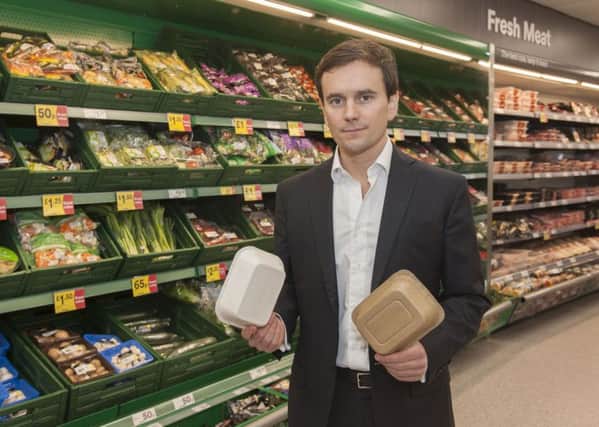Iceland managing director Richard Walker with some non-plastic packaging, after they became the first major retailer to commit to eliminate plastic packaging for all own brand products within five years to help end the "scourge" of plastic pollution. PIC: PA