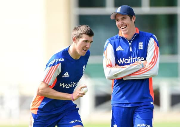 England's Jamie Overton (left) bowls past brother Craig, during a nets session at Trent Bridge, Nottingham.