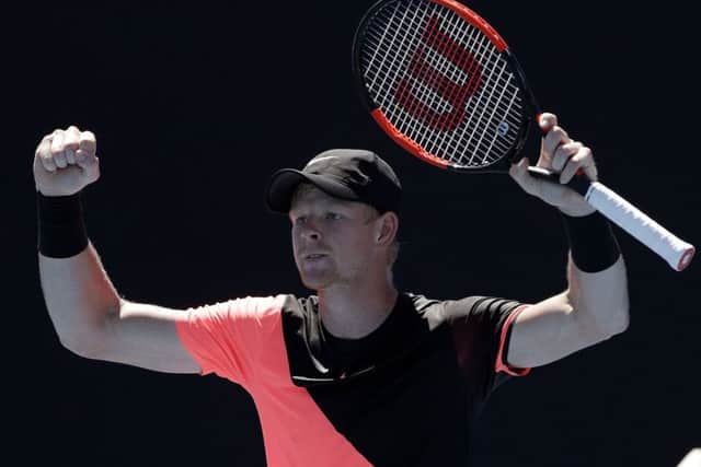 Britain's Kyle Edmund celebrates after defeating Uzbekistan's Denis Istomin.