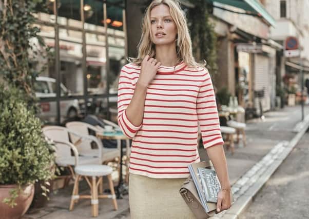 Copenhagen style: 
Red striped Bardot sweater in 100 per cent cashmere, Â£140, by Pure Collection at PureCollection.com.