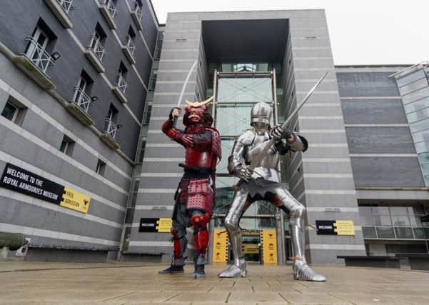 Date: 20th January 2018.
Picture James Hardisty.
East Meets West at the Royal Armouries Leeds. Pictured Royal Armouries interpreters David Perry, as a Samurai Warrior, with Andrew Balmforth, as a Knight.