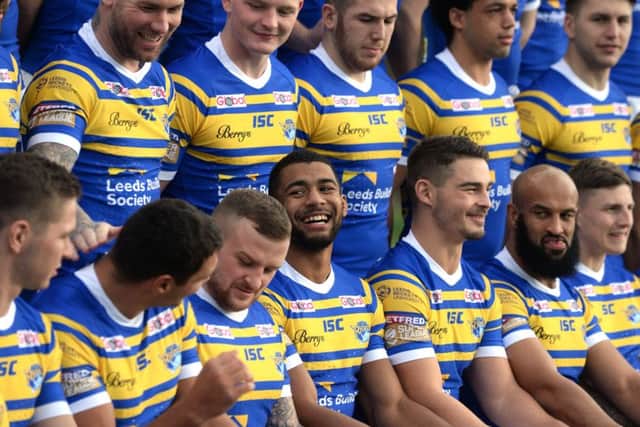 Leeds Rhinos line up for the team photo at their media day yesterday.