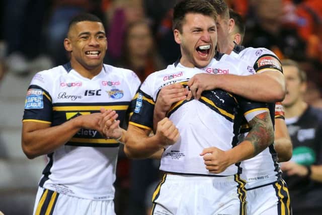 Tom Briscoe celebrates scoring in the Grand Final last year against Castleford Tigers.