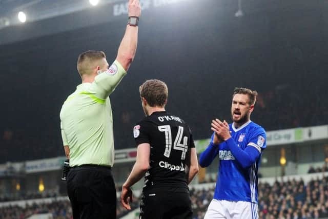Eunan O'Kane is shown the red card at Ipswich Town.