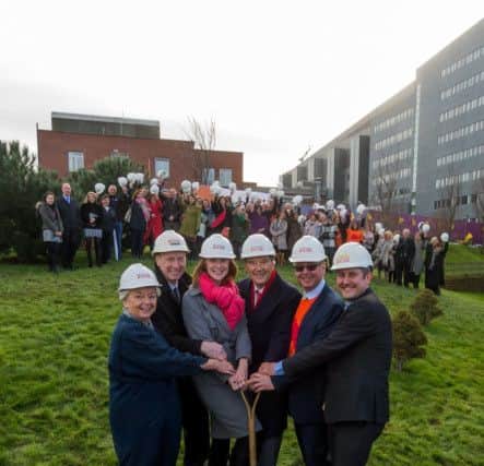 Date: 22nd January 2018.
Picture James Hardisty.
Maggie's Yorkshire Ground Breaking Ceremony held at St James's Hospital, Leeds. Pictured Linda Pollard CBE, (Chair of Leeds Teaching Hospitals NHS Trust), David Firth, (Contract Manager at Sir Robert McAlpine), Mrs Harriet Dow, Dr Terry Bramall CBE, Martin Jenkins (Chairman of MaggieÃ¢Â¬"s Yorkshire Campaign Board), and James Price, (Project Manager, at Sir Robert McAlpine), looking on supporters of Maggie's.