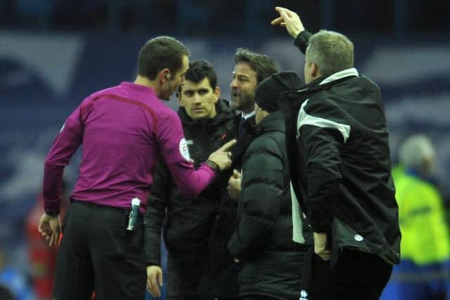 Frustrated 
Leeds boss Thomas Christiansen gets at telling off from referee David Coote. PIC: Tony Johnson