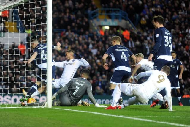 Kemar Roofe scrambles in the equalise. PIC: Tony Johnson