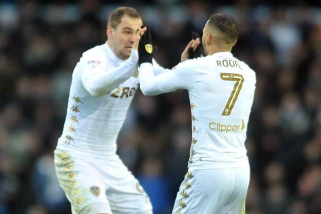 20 January 2018......    Leeds United v Millwall
Leeds Pierre-Michel Lasogga celebrates his first goal. with Kemar Roofe. Picture Tony Johnson.
