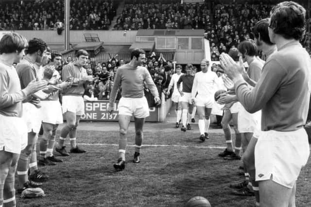 Jimmy Armfield got a tremendous reception from his team, Manchester United players and the crowd as he entered the field for his last match for the first team at Bloomfield Road,  Blackpool on May 1, 1971