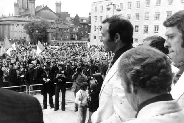 Leeds, 29th May 1975 European Cup Final Leeds v Bayern Munich.

Jimmy Armfield, the Leeds United manager, leads out the team to greet supporters on the steps of the Civic Hall, Leeds.