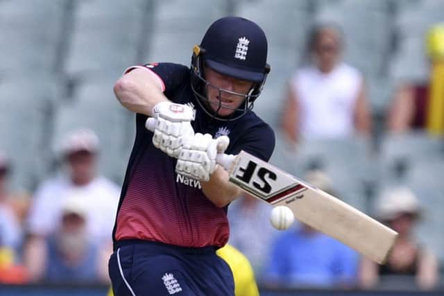 England's Eoin Morgan pulls a delivery from Australia during the ODI match in Adelaide. Picture: David Mariuz/AAP via AP
