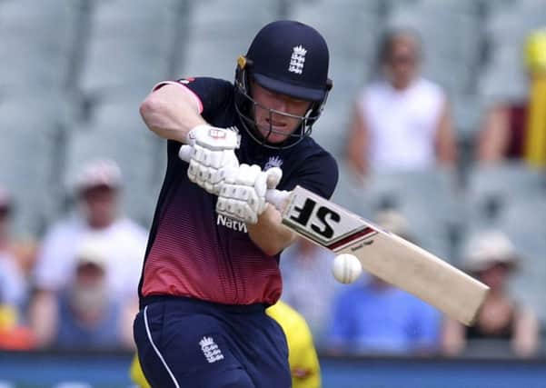 England's Eoin Morgan pulls a delivery from Australia during the ODI match in Adelaide. Picture: David Mariuz/AAP via AP