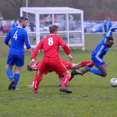 Kallum Armstrong, of Alwoodley, is fouled by Leeds Medics Reserves' defender  Matt McCullough during the Terry Marflitt Trophy tie. PIC: Steve Riding