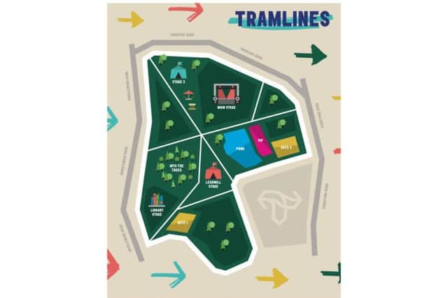Tramlines 2018 site map showing four stages - five music areas - at Hillsborough Park