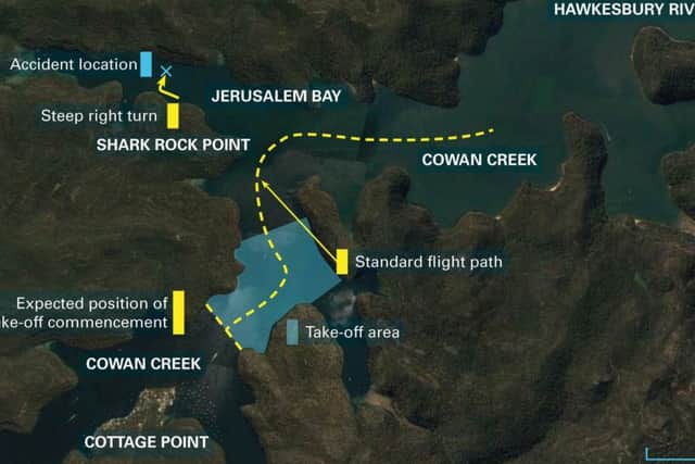 Photo supplied by the Australian Transport Safety Bureau showing the standard flight path and accident location of a seaplane crash near Sydney. PIC: PA