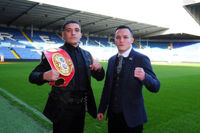World IBF featherweight champion Lee Selby, left, with contender and Leeds United fan Josh Warrington at Elland Road. PIC: Simon Hulme