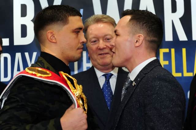 World title rivals Lee Selby - the belt holder - and challenger Josh Warrington with promoter Frank Warren. PIC: Simon Hulme