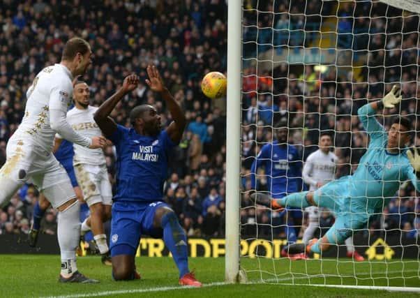 BIG MOMENT: Leeds United striker Pierre-Michel Lasogga hits the woodwork from close range. Picture by Bruce Rollinson.