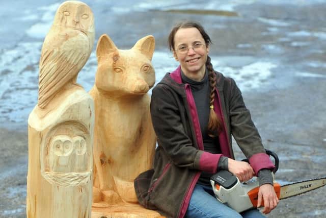 19 January 2018......   Calverley chainsaw sculpter Karen Beard might only be just over 5ft tall but she's handy with a chainsaw. Picture Tony Johnson.