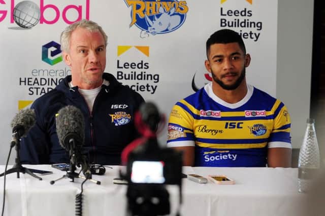 Leeds Rhinos head coach and captain Brian McDermott and Kallum Watkins at Monday's press briefing ahead of the game with Hull KR at Elland Road. PIC: Simon Hulme