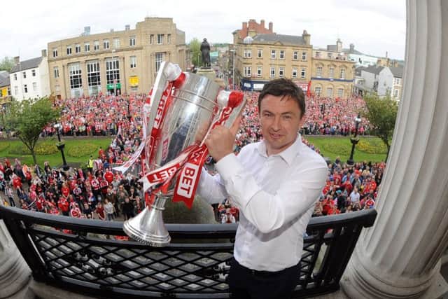 Barnsley FC homecoming parade, at Barnsley Town Hall..Barnsley caretaker manager Paul Heckingbottom with the cup...30th May 2016 ..Picture by Simon Hulme