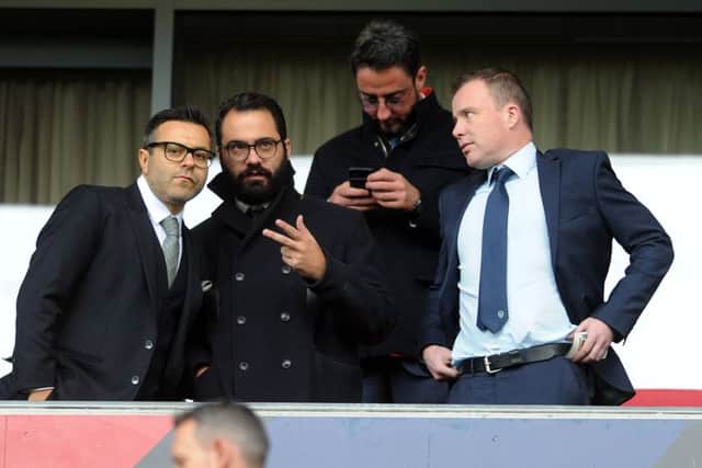Leeds United's owner Andrea Radrizzani, Victor Orta and Angus Kinnear.
 Picture: Jonathan Gawthorpe