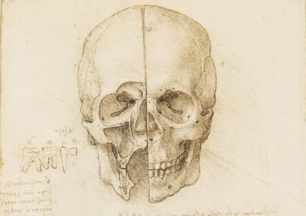 The skull sectioned, 1489, one of almost 150 drawings by Leonardo da Vinci will go on display in simultaneous exhibitions around the UK to mark the 500th anniversary of the Renaissance master's death.