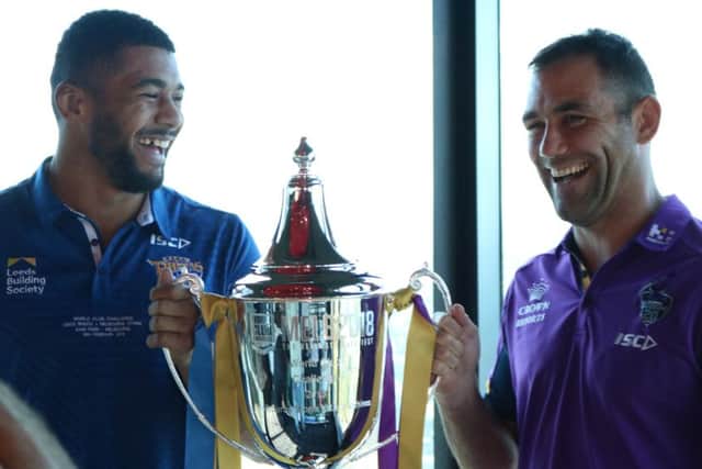 Opposing World Club Challenge captains Kallum Watkins and Cameron Smith in the Eureka tower, Melbourne. PIC: Leeds Rhinos