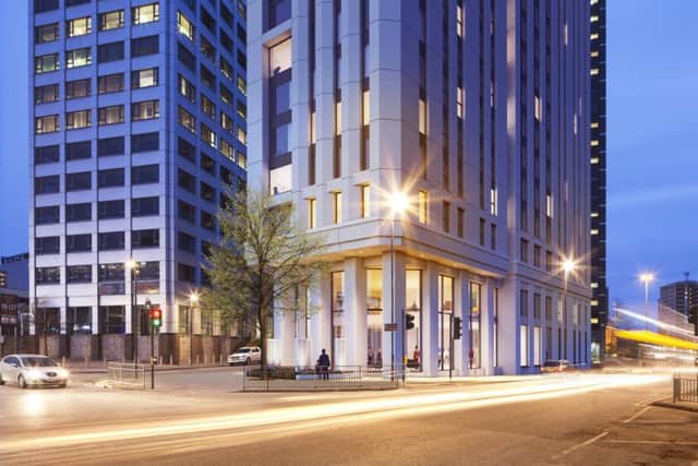 Initial design proposals for a 36-storey student flats development in Wade Lane, Leeds city centre. IMAGE: OConnell East Architects/Olympian Homes and below Hume House, Leeds, a 1960s building which would be demolished to make way for the new 36-storey tower. PIC: © Stephen Richards (cc-by-sa/2.0)