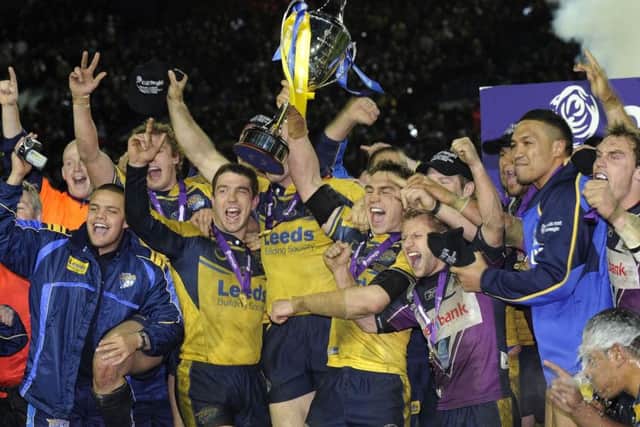 Leeds Rhinos celebrate after defeating Melbourne Storm in the 2008 Carnegie World Club Challenge at Elland Road.
