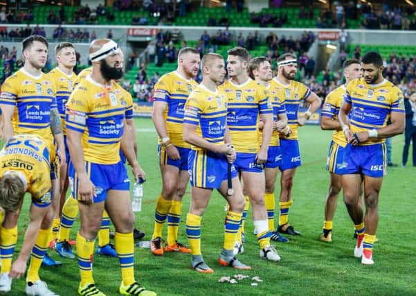 Leeds Rhinos players show their frustration after the defeat to Melbourne.