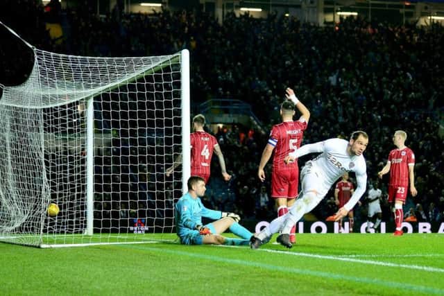 Pierre-Michel Lasogga, of Leeds United, scores United's first goal. (Picture: James Hardisty)